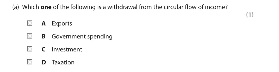 November 2021 Paper 2, question 1(a): Which one of the following is a withdrawal from the circular flow of income? (1) A Exports B Government spending C Investment D Taxation 1 After the Global Fina