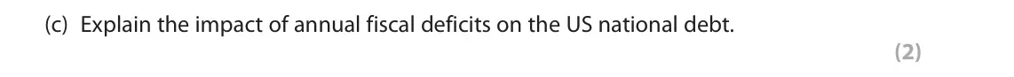 November 2021 Paper 2, question 1(c): Explain the impact of annual fiscal deficits on the US national debt. (2) 1 After the Global Financial Crisis of 2008, the US President introduced expansionary 