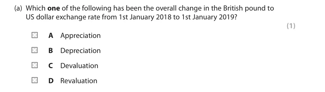 November 2021 Paper 2, question 3(a): Which one of the following has been the overall change in the British pound to US dollar exchange rate from 1st January 2018 to 1st January 2019? (1) A Apprecia