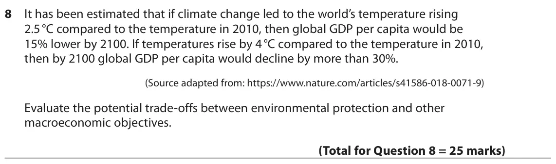 November 2021 Paper 2, question 8: It has been estimated that if climate change led to the world’s temperature rising 2.5 °C compared to the temperature in 2010, then global GDP per capita would