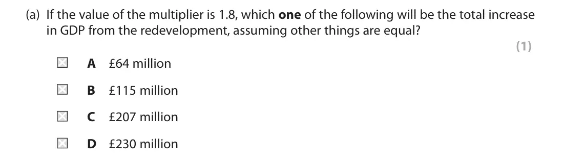 October 2020 Paper 2, question 2(a): If the value of the multiplier is 1.8, which one of the following will be the total increase in GDP from the redevelopment, assuming other things are equal? (1)
