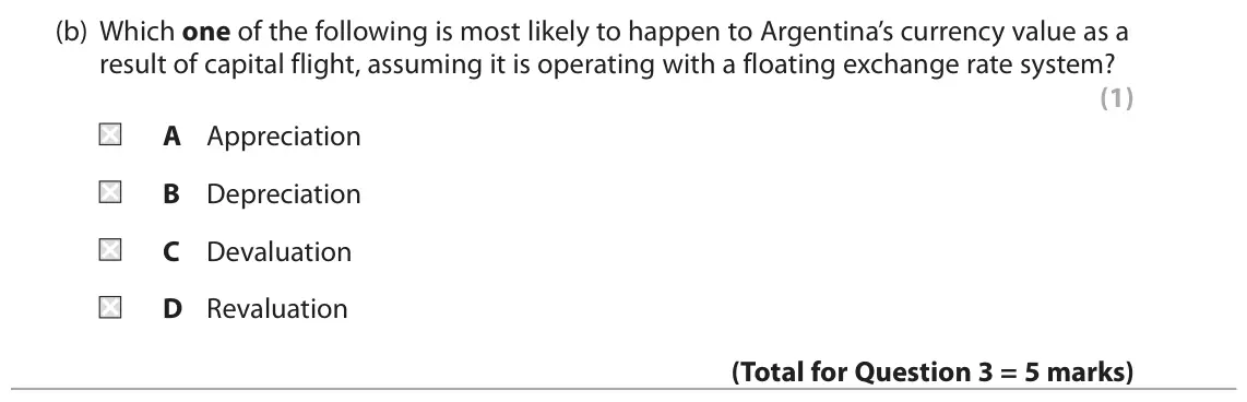 October 2020 Paper 2, question 3(b): Which one of the following is most likely to happen to Argentina’s currency value as a result of capital flight, assuming it is operating with a floating exchan