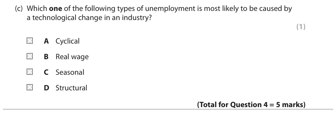 October 2020 Paper 2, question 4(c): Which one of the following types of unemployment is most likely to be caused by a technological change in an industry? (1) A Cyclical B Real wage C Seasonal D S