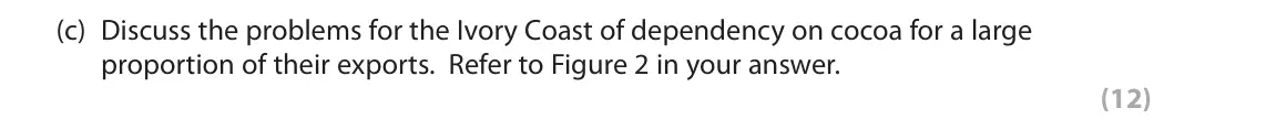 October 2020 Paper 2, question 6(c): Discuss the problems for the Ivory Coast of dependency on cocoa for a large proportion of their exports. Refer to Figure 2 in your answer. (12) Read Figures 1 a