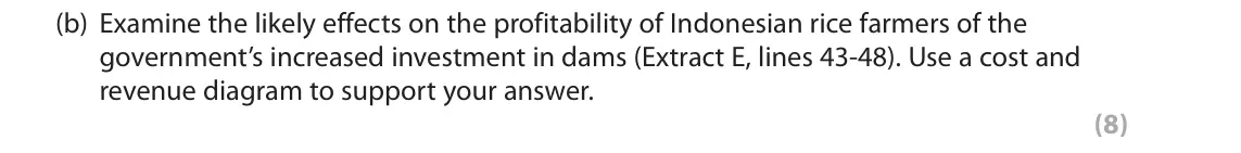 June 2018 Paper 3, question 2(b): Examine the likely effects on the profitability of Indonesian rice farmers of the government’s increased investment in dams (Extract E, lines 43-48). Use a cost