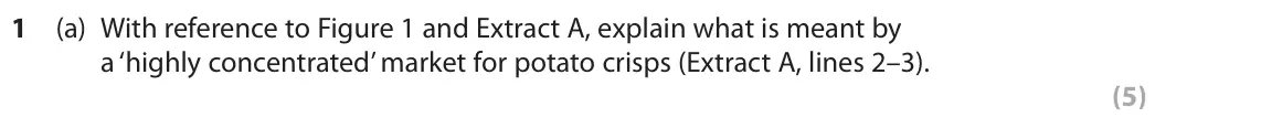 June 2019 Paper 3, question 1(a): With reference to Figure 1 and Extract A, explain what is meant by a ‘highly concentrated’ market for potato crisps (Extract A, lines 2–3). (5) Read Figure 1 an