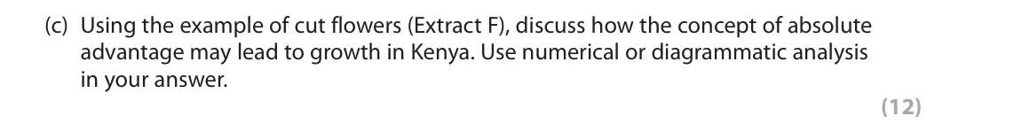 June 2022 Paper 3, question 2(c): Using the example of cut flowers (Extract F), discuss how the concept of absolute advantage may lead to growth in Kenya. Use numerical or diagrammatic analysis
