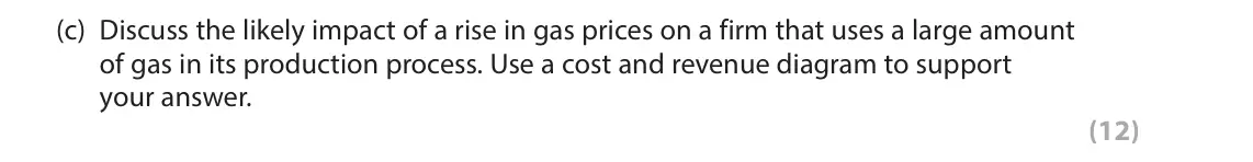 June 2023 Paper 3, question 1(c): Discuss the likely impact of a rise in gas prices on a firm that uses a large amount of gas in its production process. Use a cost and revenue diagram to support