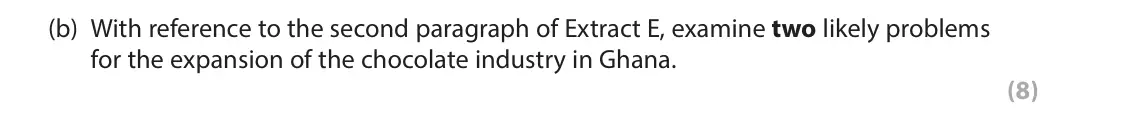 June 2024 Paper 3, question 2(b): With reference to the second paragraph of Extract E, examine two likely problems for the expansion of the chocolate industry in Ghana. (8) Read Figure 3 and the