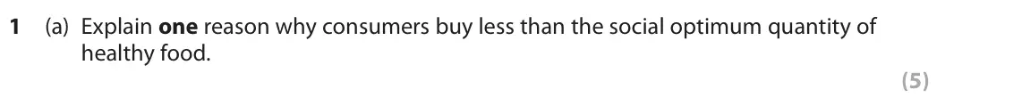 June 2025 Paper 3, question 1(a): Explain one reason why consumers buy less than the social optimum quantity of healthy food. (5) Read Figures 1 and 2 and the following Extracts A, B, C and D in