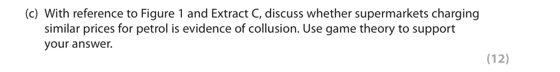 June 2025 Paper 3, question 1(c): With reference to Figure 1 and Extract C, discuss whether supermarkets charging similar prices for petrol is evidence of collusion. Use game theory to support y