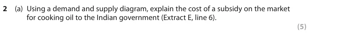 June 2025 Paper 3, question 2(a): Using a demand and supply diagram, explain the cost of a subsidy on the market for cooking oil to the Indian government (Extract E, line 6). (5) Read Figure 3 a