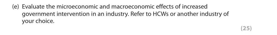 November 2021 Paper 3, question 1(e): Evaluate the microeconomic and macroeconomic effects of increased government intervention in an industry. Refer to HCWs or another industry of your choice. (25)