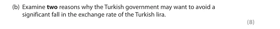 October 2020 Paper 3, question 1(b): Examine two reasons why the Turkish government may want to avoid a significant fall in the exchange rate of the Turkish lira. (8) Read Figures 1 and 2 and the f