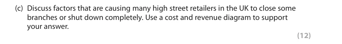 October 2020 Paper 3, question 2(c): Discuss factors that are causing many high street retailers in the UK to close some branches or shut down completely. Use a cost and revenue diagram to support