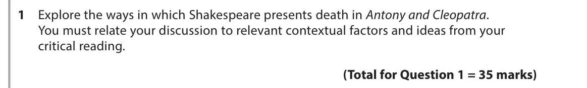 June 2017 Paper 1, question 1: Explore the ways in which Shakespeare presents death in Antony and Cleopatra. You must relate your discussion to relevant contextual factors and ideas from your