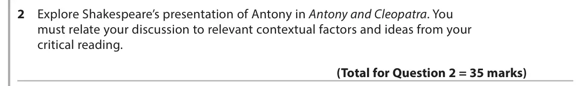 June 2017 Paper 1, question 2: Explore Shakespeare’s presentation of Antony in Antony and Cleopatra. You must relate your discussion to relevant contextual factors and ideas from your critica