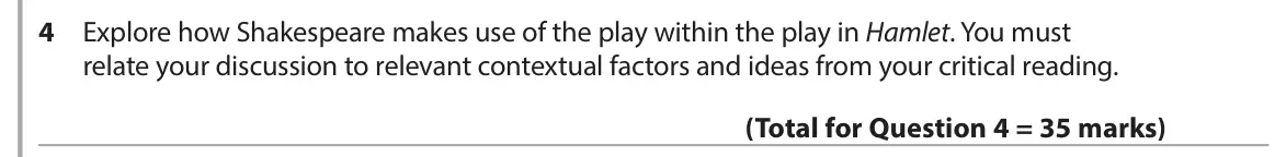 June 2017 Paper 1, question 4: Explore how Shakespeare makes use of the play within the play in Hamlet. You must relate your discussion to relevant contextual factors and ideas from your crit