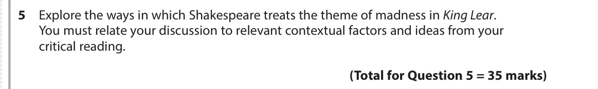 June 2017 Paper 1, question 5: Explore the ways in which Shakespeare treats the theme of madness in King Lear. You must relate your discussion to relevant contextual factors and ideas from yo