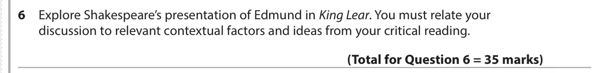 June 2017 Paper 1, question 6: Explore Shakespeare’s presentation of Edmund in King Lear. You must relate your discussion to relevant contextual factors and ideas from your critical reading.