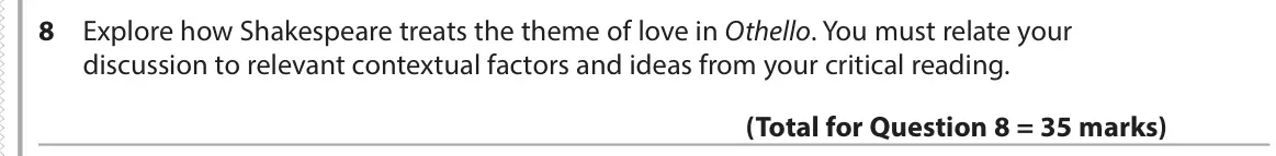 June 2017 Paper 1, question 8: Explore how Shakespeare treats the theme of love in Othello. You must relate your discussion to relevant contextual factors and ideas from your critical reading