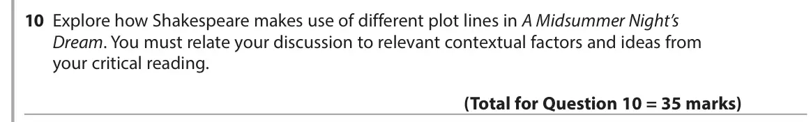 June 2017 Paper 1, question 10: Explore how Shakespeare makes use of different plot lines in A Midsummer Night’s Dream. You must relate your discussion to relevant contextual factors and ideas