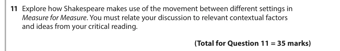 June 2017 Paper 1, question 11: Explore how Shakespeare makes use of the movement between different settings in Measure for Measure. You must relate your discussion to relevant contextual fact