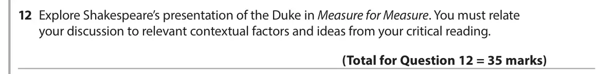 June 2017 Paper 1, question 12: Explore Shakespeare’s presentation of the Duke in Measure for Measure. You must relate your discussion to relevant contextual factors and ideas from your critic