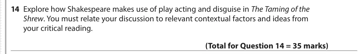 June 2017 Paper 1, question 14: Explore how Shakespeare makes use of play acting and disguise in The Taming of the Shrew. You must relate your discussion to relevant contextual factors and ide