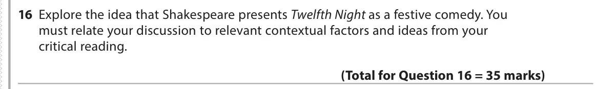 June 2017 Paper 1, question 16: Explore the idea that Shakespeare presents Twelfth Night as a festive comedy. You must relate your discussion to relevant contextual factors and ideas from your