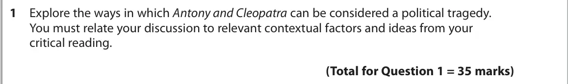 June 2018 Paper 1, question 1: Explore the ways in which Antony and Cleopatra can be considered a political tragedy. You must relate your discussion to relevant contextual factors and ideas f