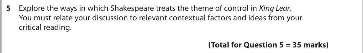 June 2018 Paper 1, question 5: Explore the ways in which Shakespeare treats the theme of control in King Lear. You must relate your discussion to relevant contextual factors and ideas from yo