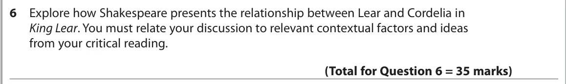 June 2018 Paper 1, question 6: Explore how Shakespeare presents the relationship between Lear and Cordelia in King Lear. You must relate your discussion to relevant contextual factors and ide