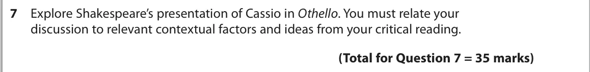 June 2018 Paper 1, question 7: Explore Shakespeare’s presentation of Cassio in Othello. You must relate your discussion to relevant contextual factors and ideas from your critical reading.