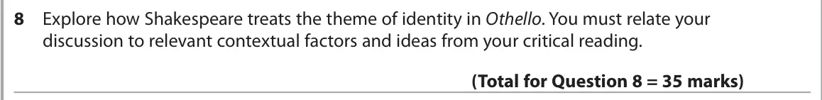 June 2018 Paper 1, question 8: Explore how Shakespeare treats the theme of identity in Othello. You must relate your discussion to relevant contextual factors and ideas from your critical rea