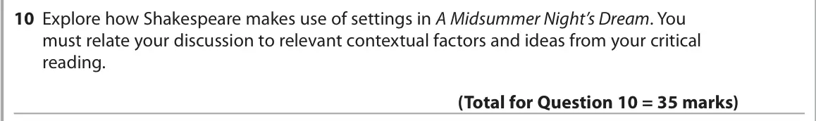 June 2018 Paper 1, question 10: Explore how Shakespeare makes use of settings in A Midsummer Night’s Dream. You must relate your discussion to relevant contextual factors and ideas from your c