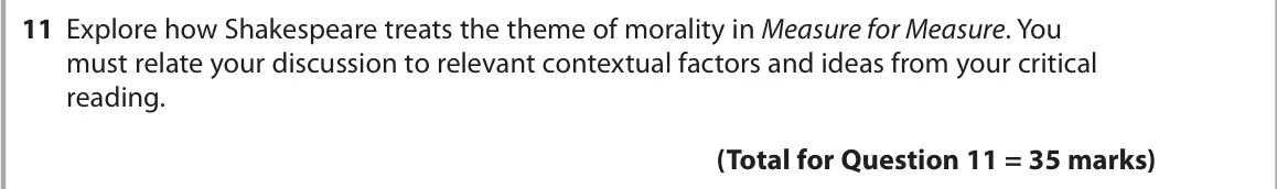 June 2018 Paper 1, question 11: Explore how Shakespeare treats the theme of morality in Measure for Measure. You must relate your discussion to relevant contextual factors and ideas from your 