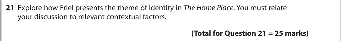 June 2018 Paper 1, question 21: Explore how Friel presents the theme of identity in The Home Place. You must relate your discussion to relevant contextual factors.