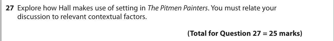 June 2018 Paper 1, question 27: Explore how Hall makes use of setting in The Pitmen Painters. You must relate your discussion to relevant contextual factors.