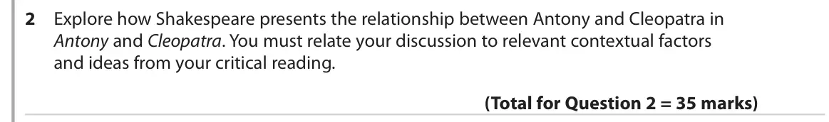 June 2019 Paper 1, question 2: Explore how Shakespeare presents the relationship between Antony and Cleopatra in Antony and Cleopatra. You must relate your discussion to relevant contextual f