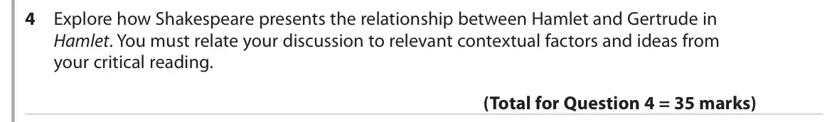 June 2019 Paper 1, question 4: Explore how Shakespeare presents the relationship between Hamlet and Gertrude in Hamlet. You must relate your discussion to relevant contextual factors and idea