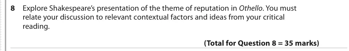 June 2019 Paper 1, question 8: Explore Shakespeare’s presentation of the theme of reputation in Othello. You must relate your discussion to relevant contextual factors and ideas from your cri