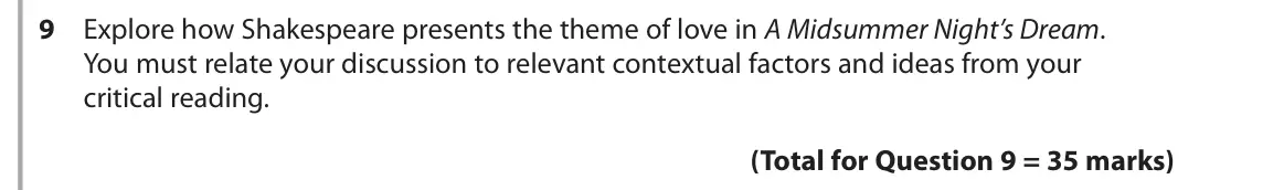 June 2019 Paper 1, question 9: Explore how Shakespeare presents the theme of love in A Midsummer Night’s Dream. You must relate your discussion to relevant contextual factors and ideas from y