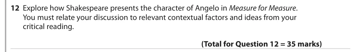 June 2019 Paper 1, question 12: Explore how Shakespeare presents the character of Angelo in Measure for Measure. You must relate your discussion to relevant contextual factors and ideas from y