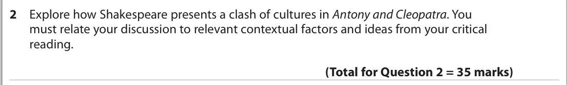June 2022 Paper 1, question 2: Explore how Shakespeare presents a clash of cultures in Antony and Cleopatra. You must relate your discussion to relevant contextual factors and ideas from your