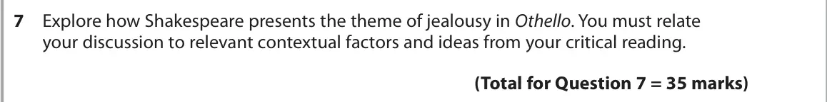 June 2022 Paper 1, question 7: Explore how Shakespeare presents the theme of jealousy in Othello. You must relate your discussion to relevant contextual factors and ideas from your critical r