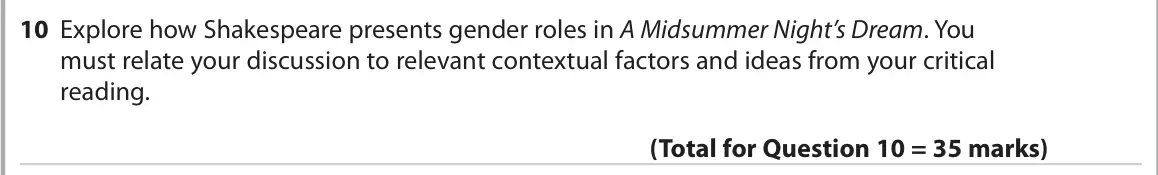 June 2022 Paper 1, question 10: Explore how Shakespeare presents gender roles in A Midsummer Night’s Dream. You must relate your discussion to relevant contextual factors and ideas from your c