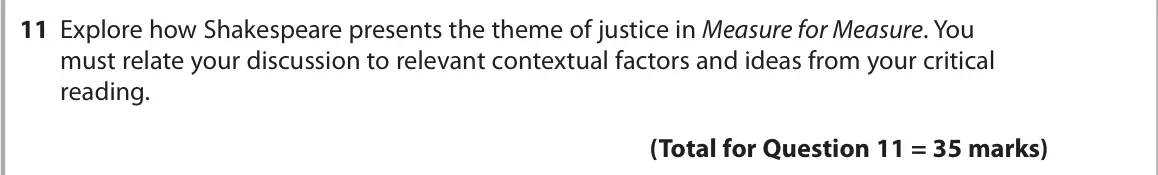 June 2022 Paper 1, question 11: Explore how Shakespeare presents the theme of justice in Measure for Measure. You must relate your discussion to relevant contextual factors and ideas from your
