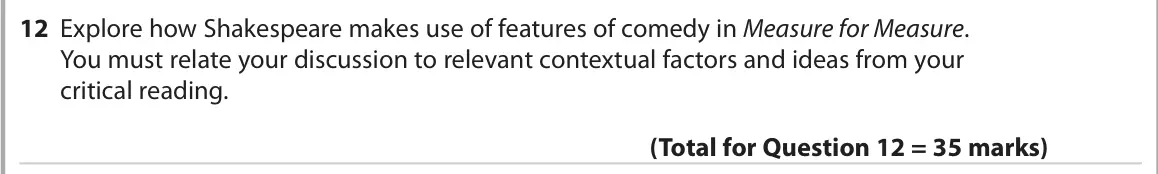 June 2022 Paper 1, question 12: Explore how Shakespeare makes use of features of comedy in Measure for Measure. You must relate your discussion to relevant contextual factors and ideas from yo