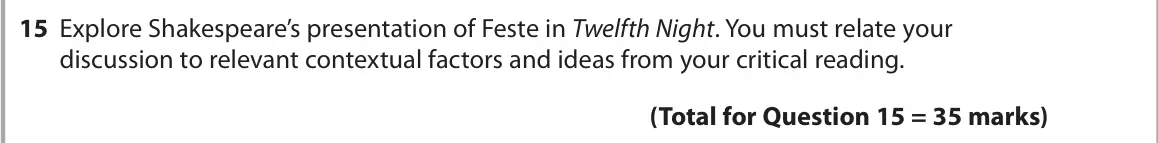 June 2022 Paper 1, question 15: Explore Shakespeare’s presentation of Feste in Twelfth Night. You must relate your discussion to relevant contextual factors and ideas from your critical readin